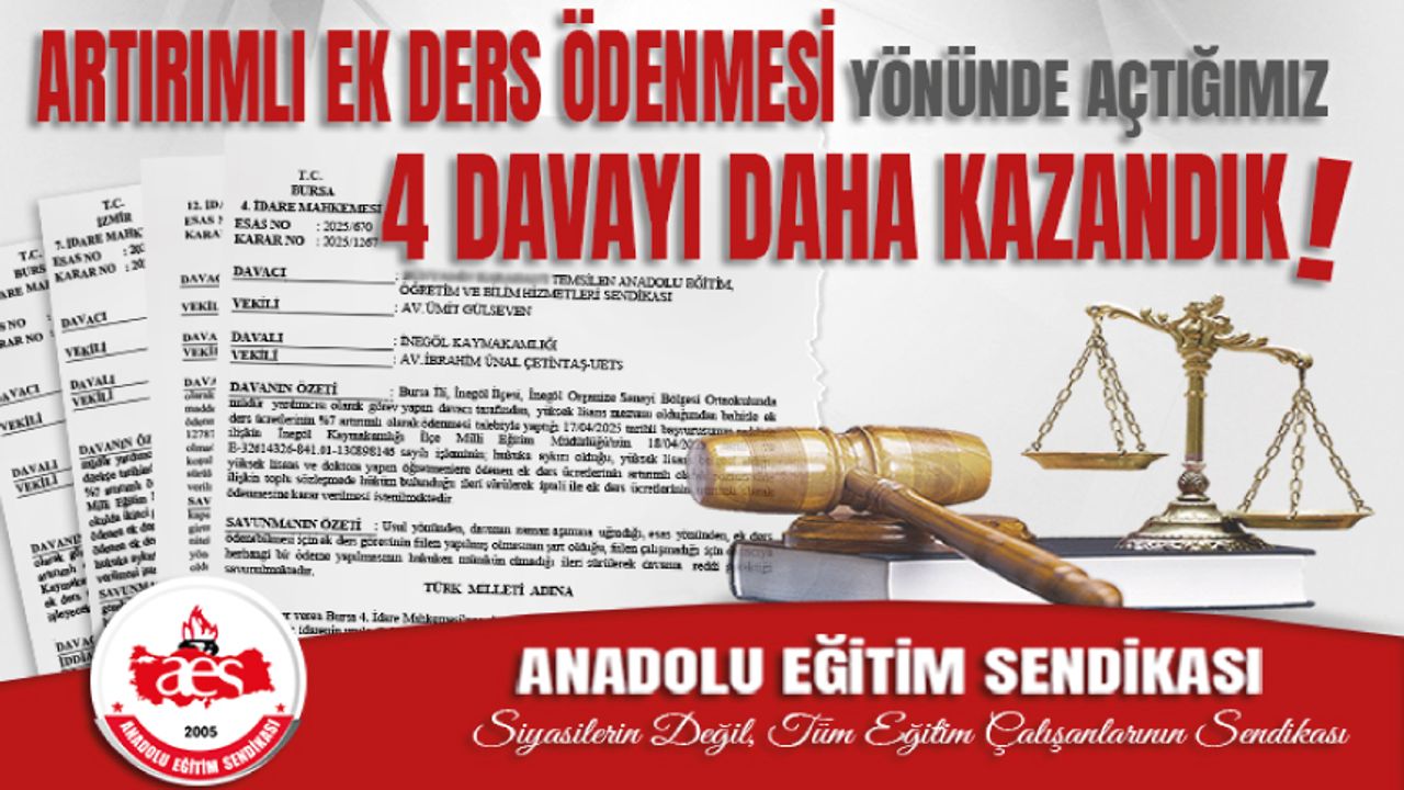 Artırımlı Ek Ders Ödenmesi Yönünde Açtığımız 4 Davayı Daha Kazandık
