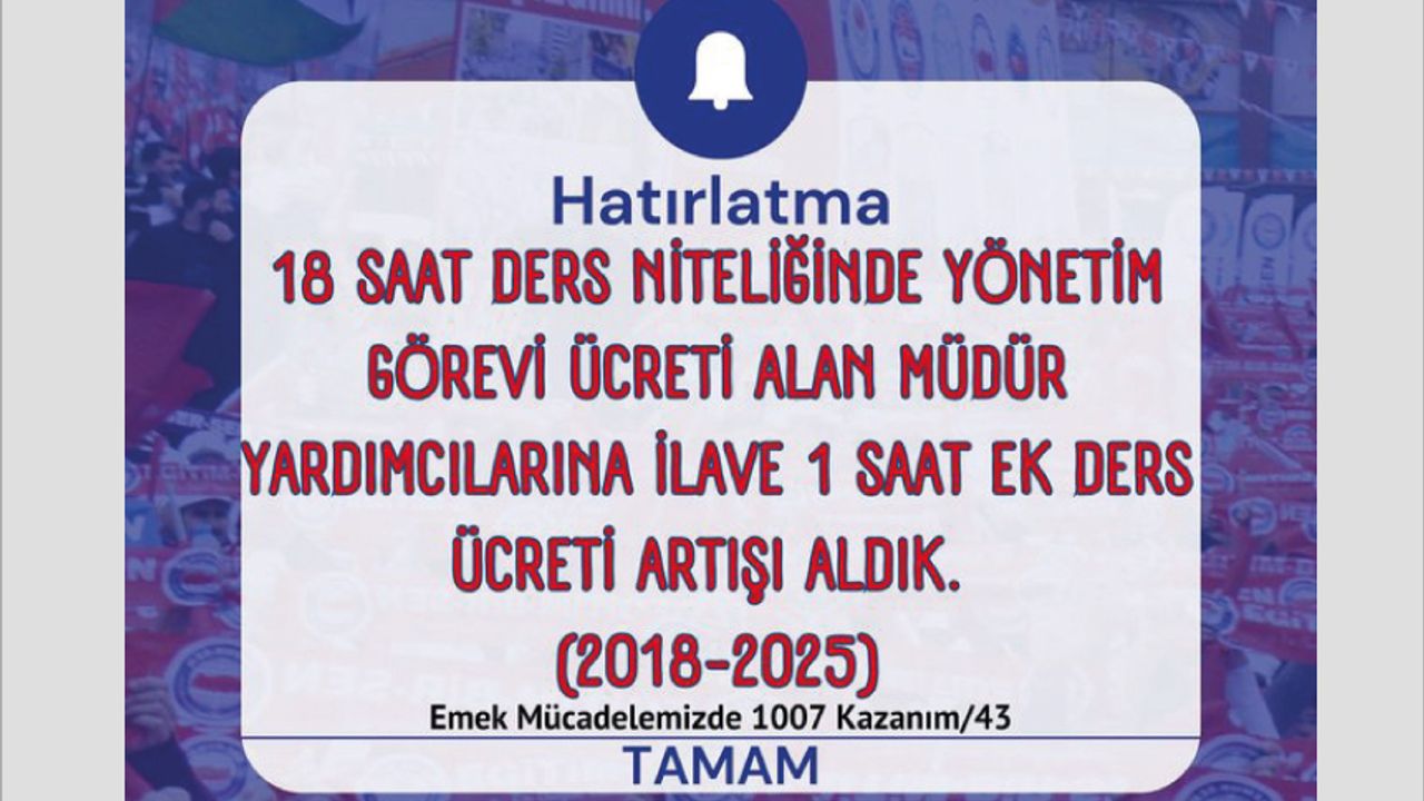 Müdür Yardımcılarına İlave 1 Saat Ek Ders Ücreti Müdür Yardımcılarına İlave 1 Saat Ek Ders Ücreti